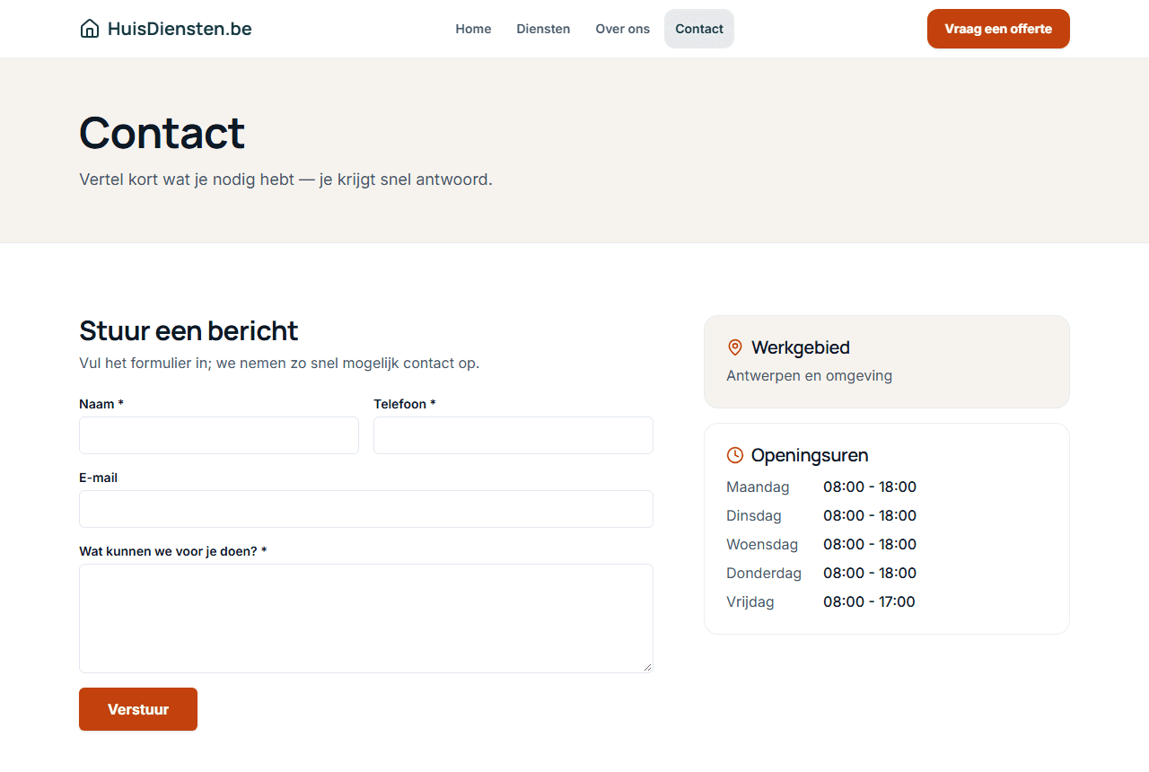 Contactpagina van de voorbeeldwebsite met een contactformulier, telefoon en WhatsApp, werkgebied en openingsuren
