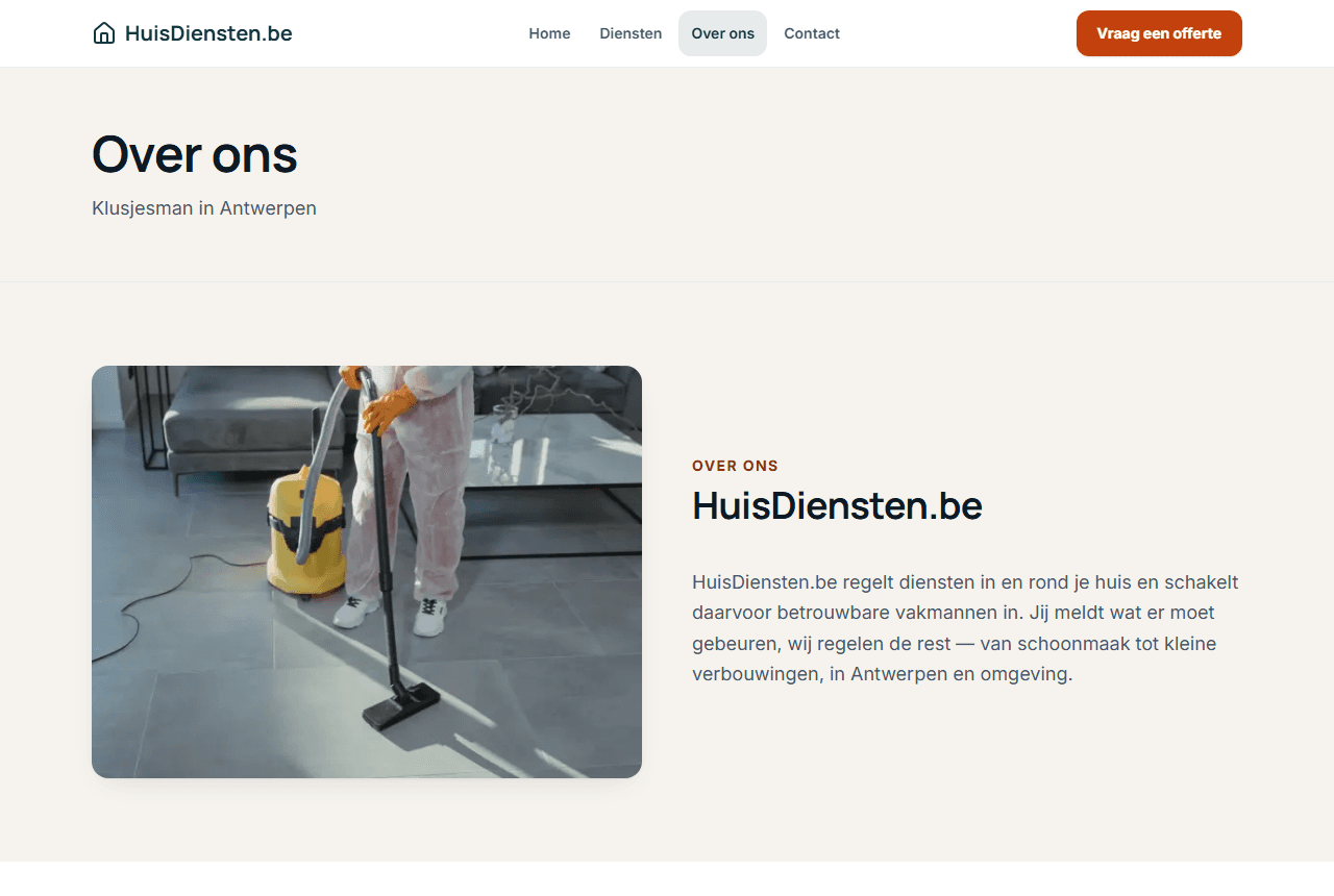 Over-onspagina van de voorbeeldwebsite met het verhaal van het bedrijf, het werkgebied en foto's van het werk