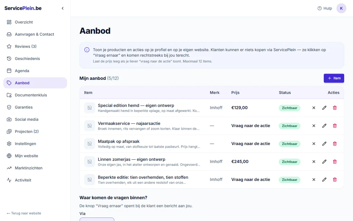 De tab Aanbod in het dashboard met de lijst items