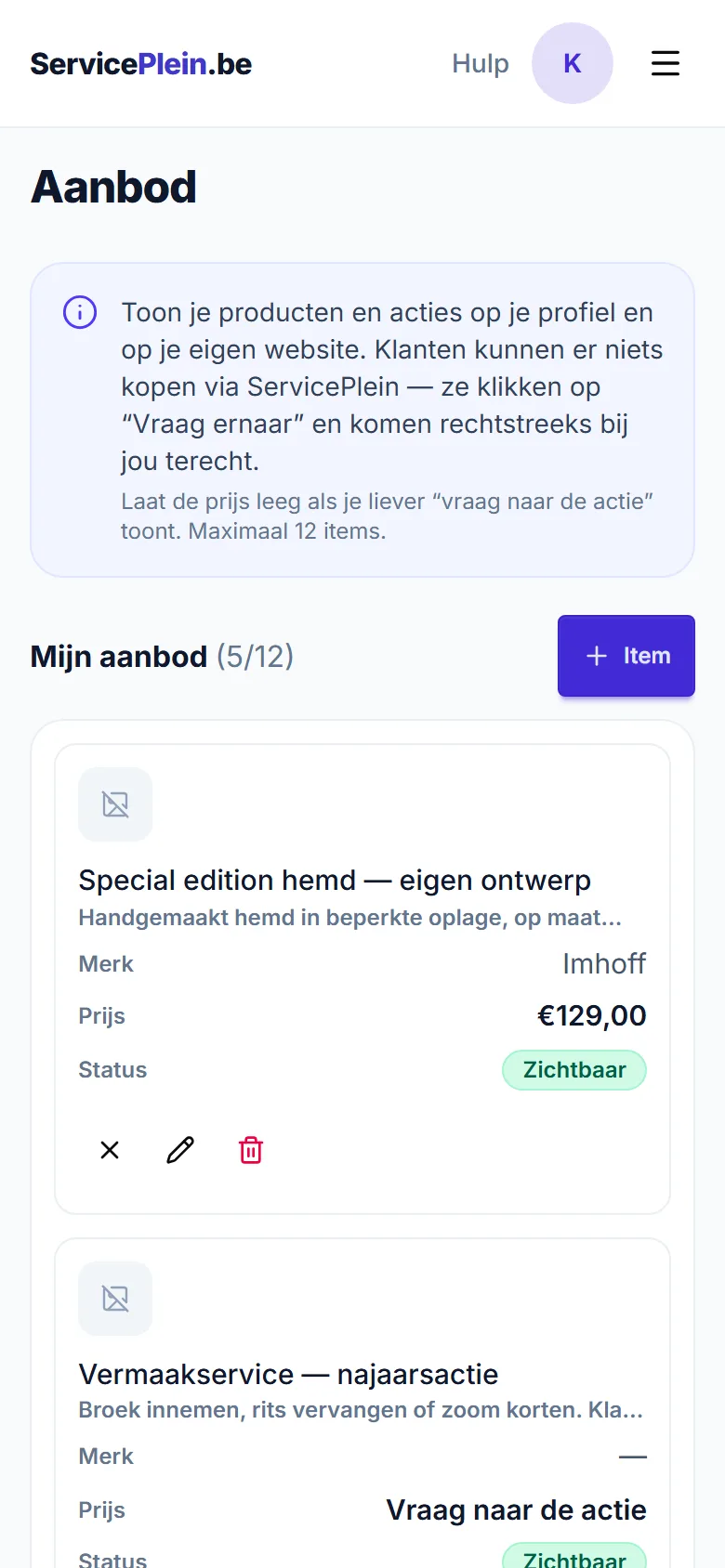 De tab Aanbod in het dashboard met de lijst items