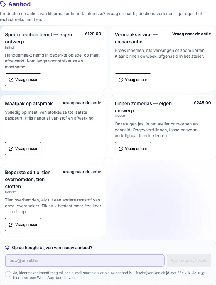 Het blok Aanbod op een profielpagina, op gsm en op computer