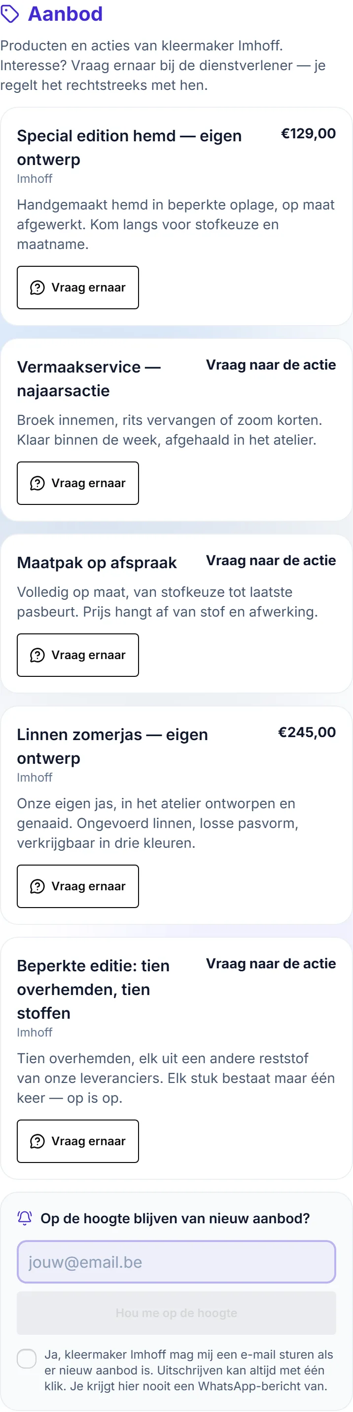 Het blok Aanbod op een profielpagina, op gsm en op computer