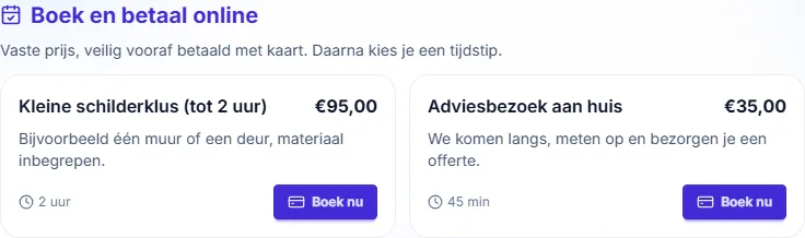 Het blok Boek en betaal online op een profielpagina, op gsm en op computer