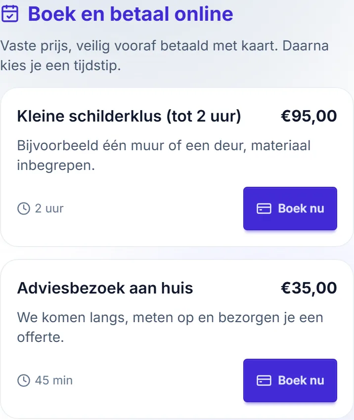 Het blok Boek en betaal online op een profielpagina, op gsm en op computer